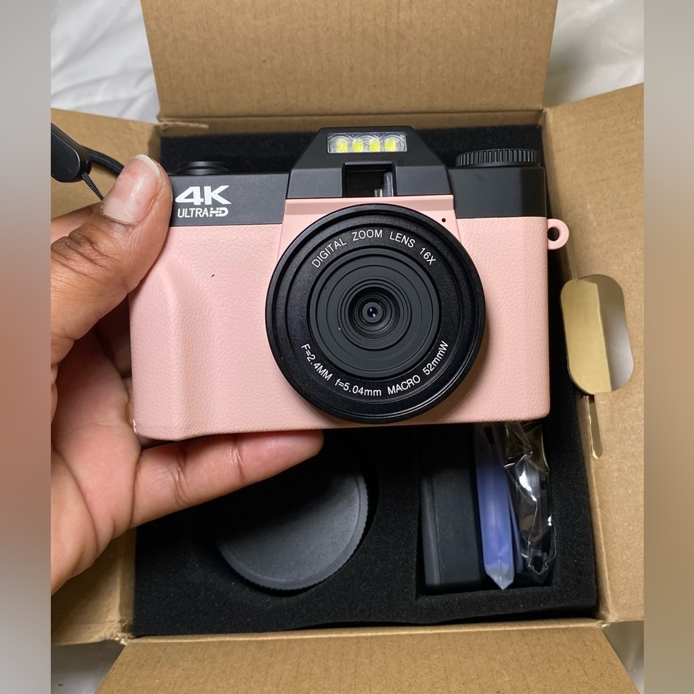 Pink 4K Digital Camera, 56MP Camera with 180° Flip Screen,